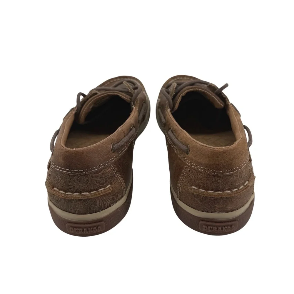 Durango Women Sandstone Floral Tooled Leather Boat Shoes Brown Loafers Size 10M